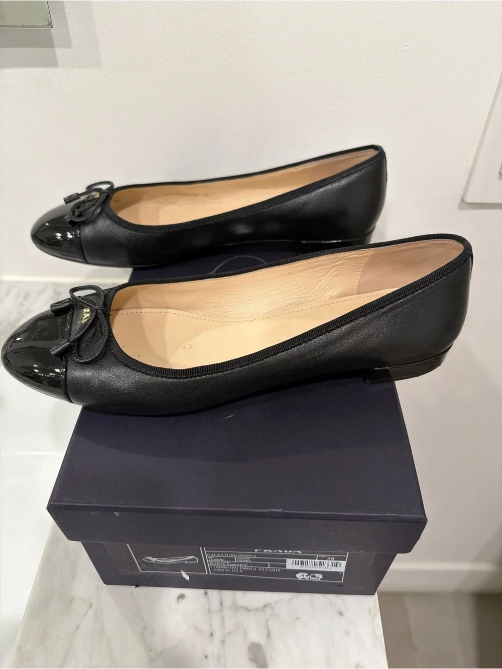 Prada Black Leather Ballet Flats with Patent Cap Toe - Picture 3 of 6